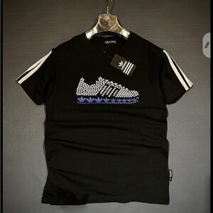 Adidas Black Tee with Blue Sneaker Design